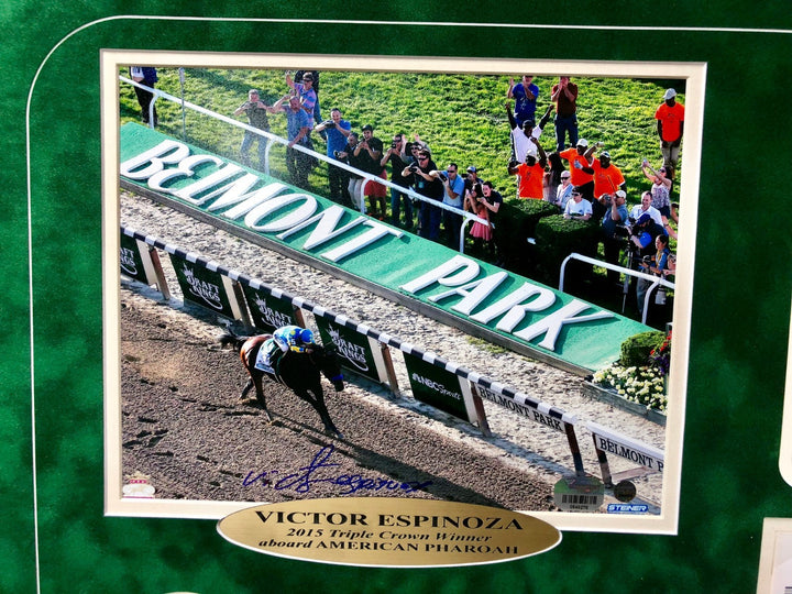Victor Espinoza Triple Crown Framed Signed 8x10 Photo w/ Race Used Dirt Ticket