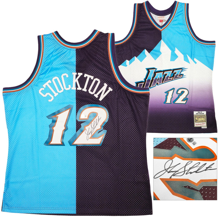 Jazz John Stockton Auto Blue Auth Mitchell Ness 96 HWC Swingman Split Jersey BAS