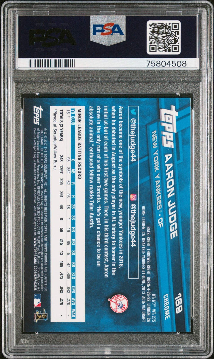Graded 2017 Topps Chrome Aaron Judge #169 Catching Rookie Baseball Card PSA 10