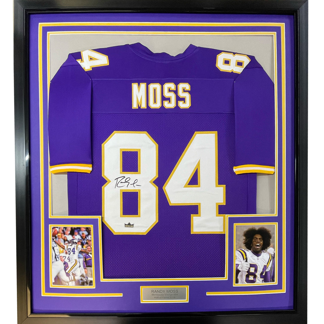 Framed Facsimile Autographed Randy Moss 33x42 Purple Reprint Laser Auto Jersey
