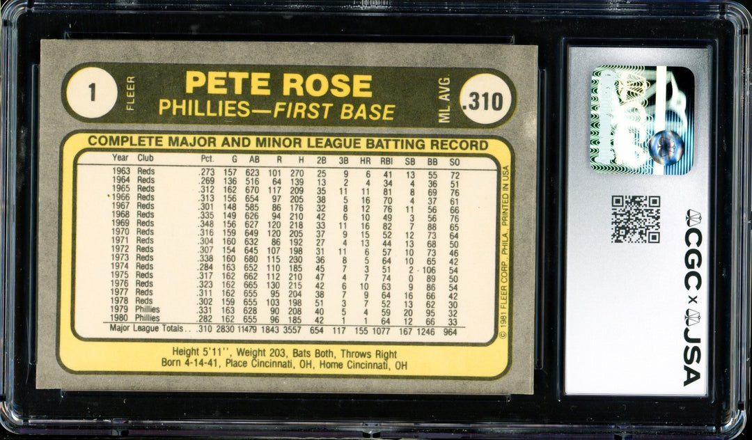 Pete Rose Signed 1981 Fleer Card 1 Phillies Card 8.5 CGC x JSA