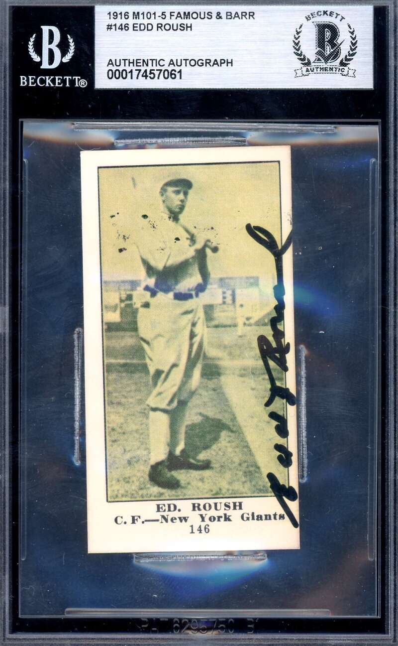 Edd Roush Beckett BAS Signed 1916 M101-5 Famous & Barr Reprint Autograph