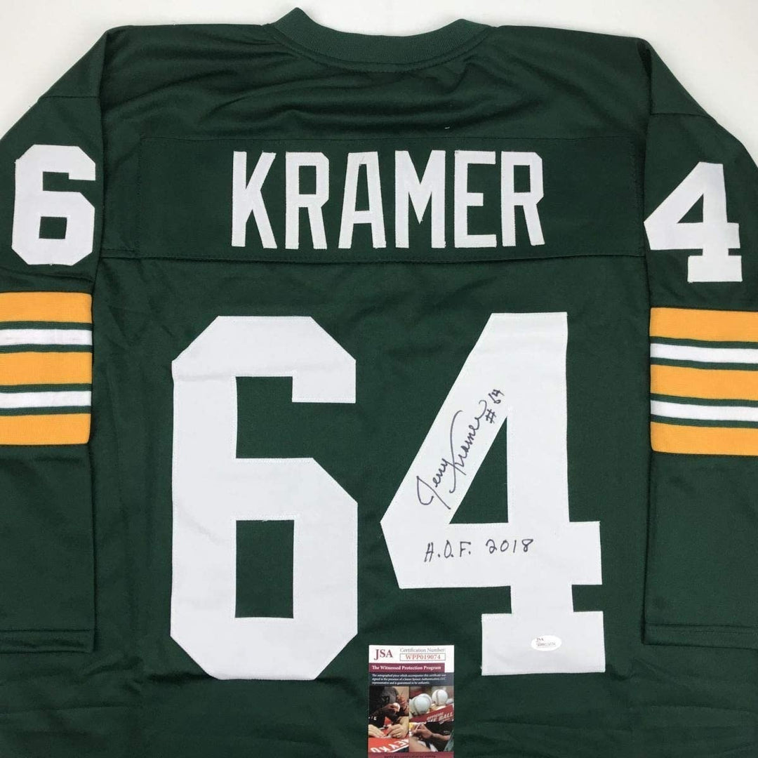 Autographed/Signed JERRY KRAMER HOF 18 Green Bay Green Jersey JSA COA