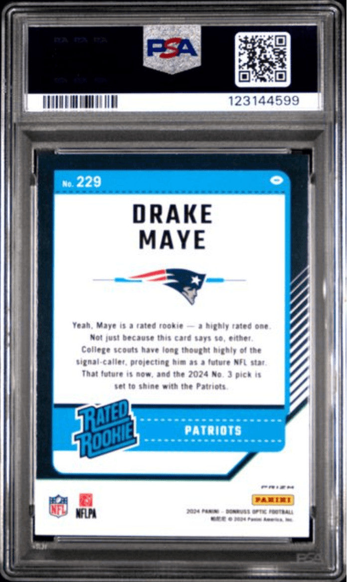 Graded 2024 Donruss Optic Drake Maye #229 Purple Shock RC Card PSA 10