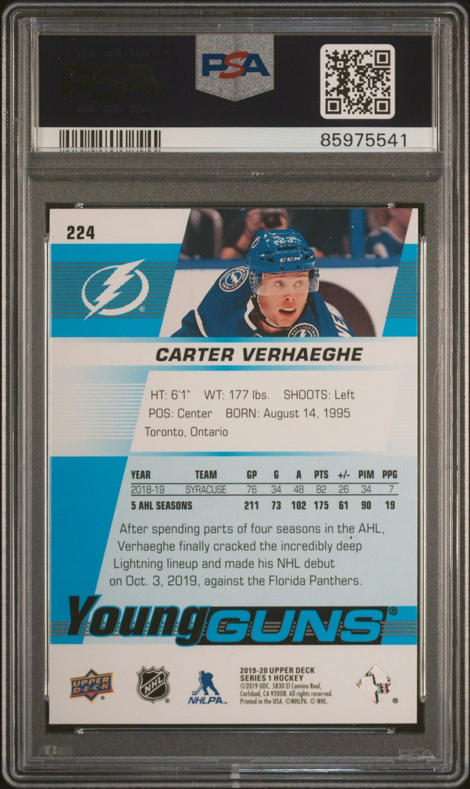Graded 2019 Upper Deck Youngguns Carter Verhaeghe #224 Rookie Card PSA 10