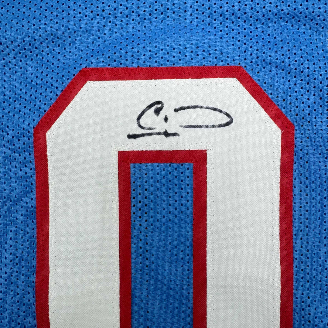 Framed Autographed/Signed Calvin Ridley 35x39 Tennessee Blue Jersey Beckett COA