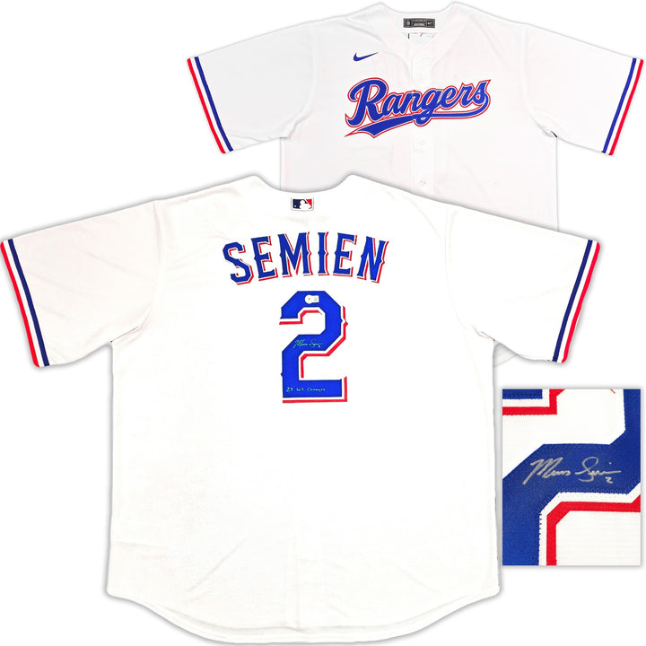 Rangers Marcus Semien Auto White Nike Jersey Size 2XLT 23 WS Champs Beckett Wit