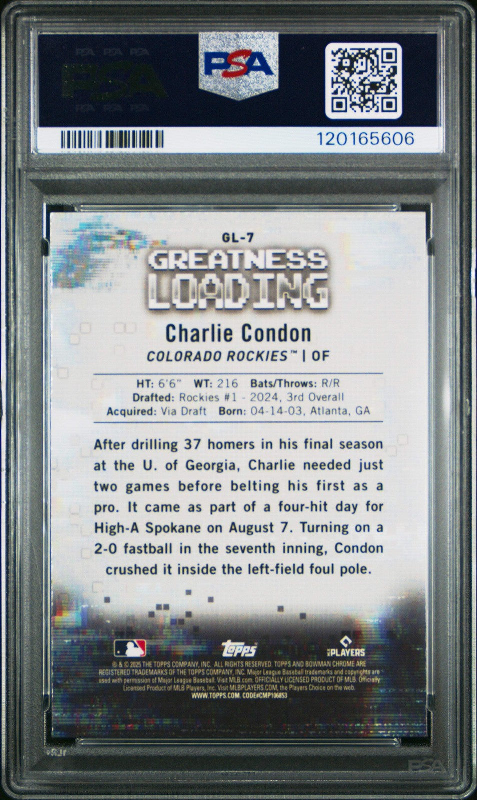 Graded 2025 Bowman Charlie Condon #GL7 Greatness Loading RC Baseball Card PSA 10