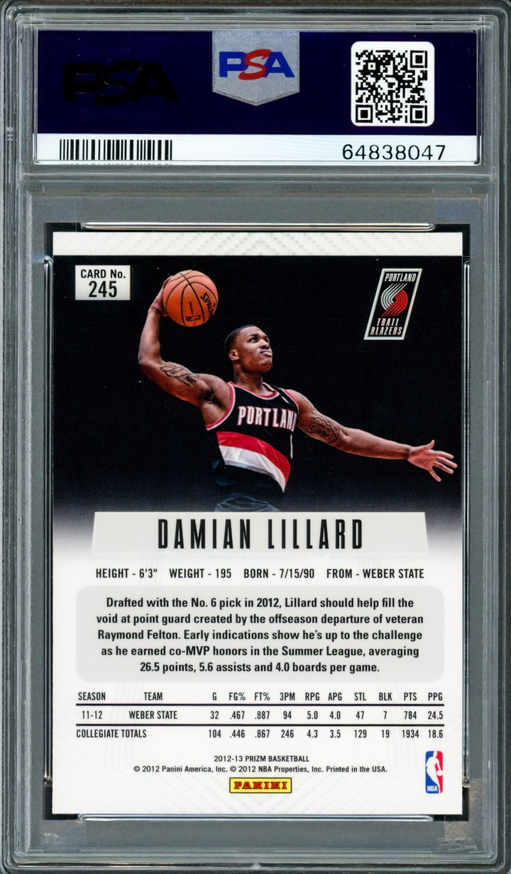 Damian Lillard Signed 2012-13 Panini Prizm RC 245 PSA 9 Sig 10 On Card PSA/DNA