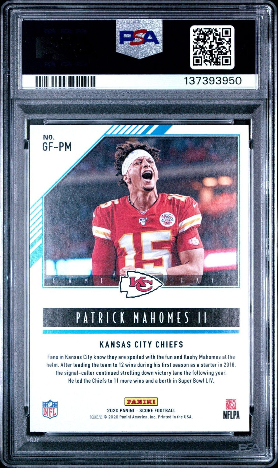 Graded 2020 Panini Score Patrick Mahomes II #GFPM Game Face Card PSA 10