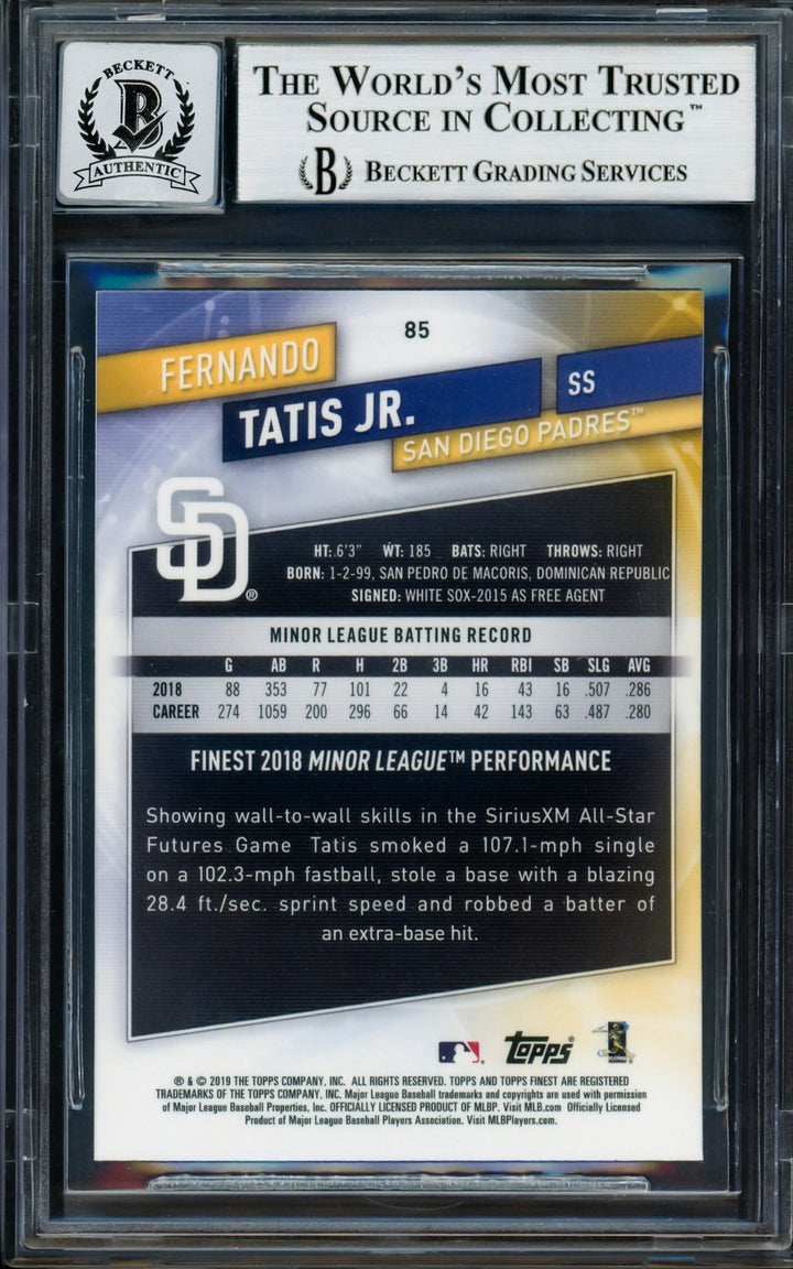 Fernando Tatis Jr. Signed 2019 Topps Finest RC 85 Padres Auto GM 10 Beckett