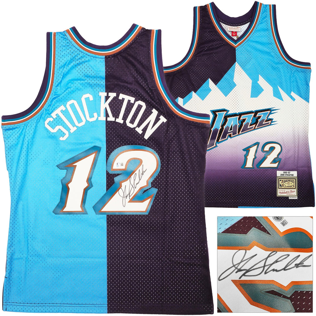 Jazz John Stockton Auto Blue Mitchell Ness 96 HWC Swingman Split Jersey L BAS