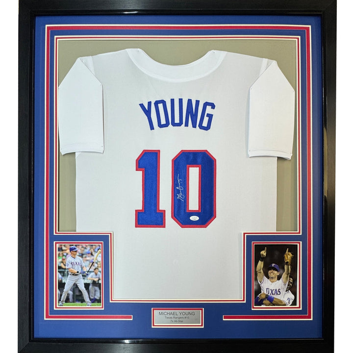 Framed Autographed/Signed Michael Young 35x39 Texas White Jersey JSA COA