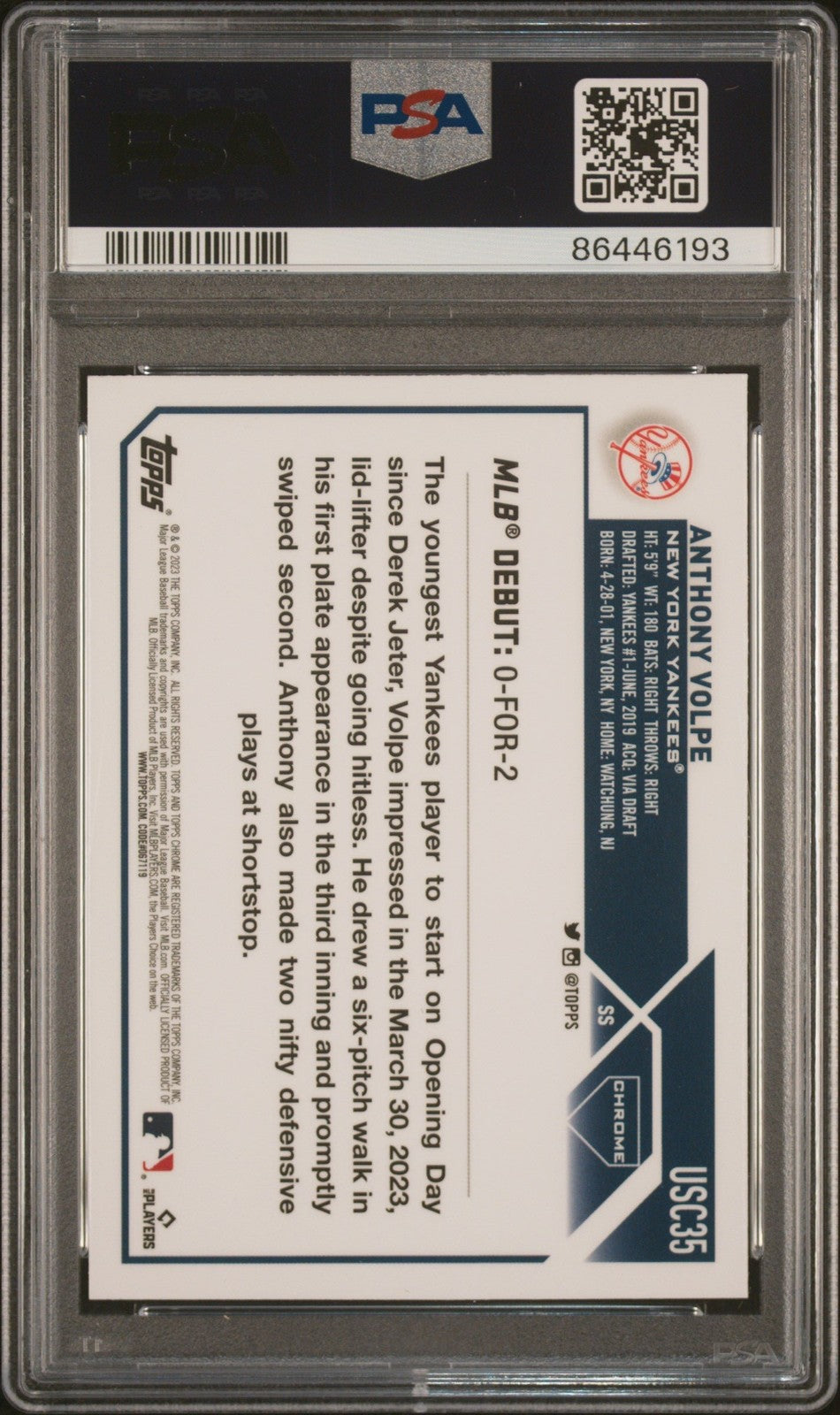 Graded 2023 Topps Chrome Update Anthony Volpe #USC35 Rookie Card PSA 10
