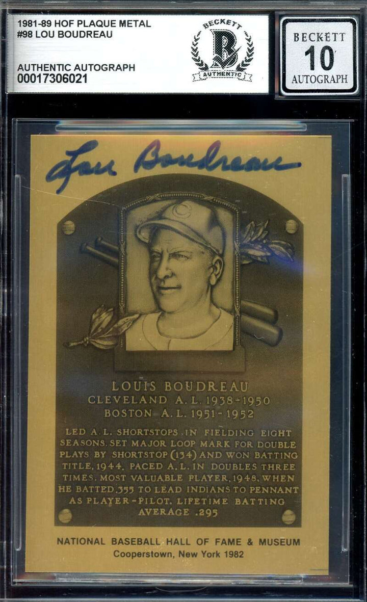 Lou Boudreau Gem Mint 10 Beckett BAS Signed 1981 Metallic Hall Of Fame Plaque