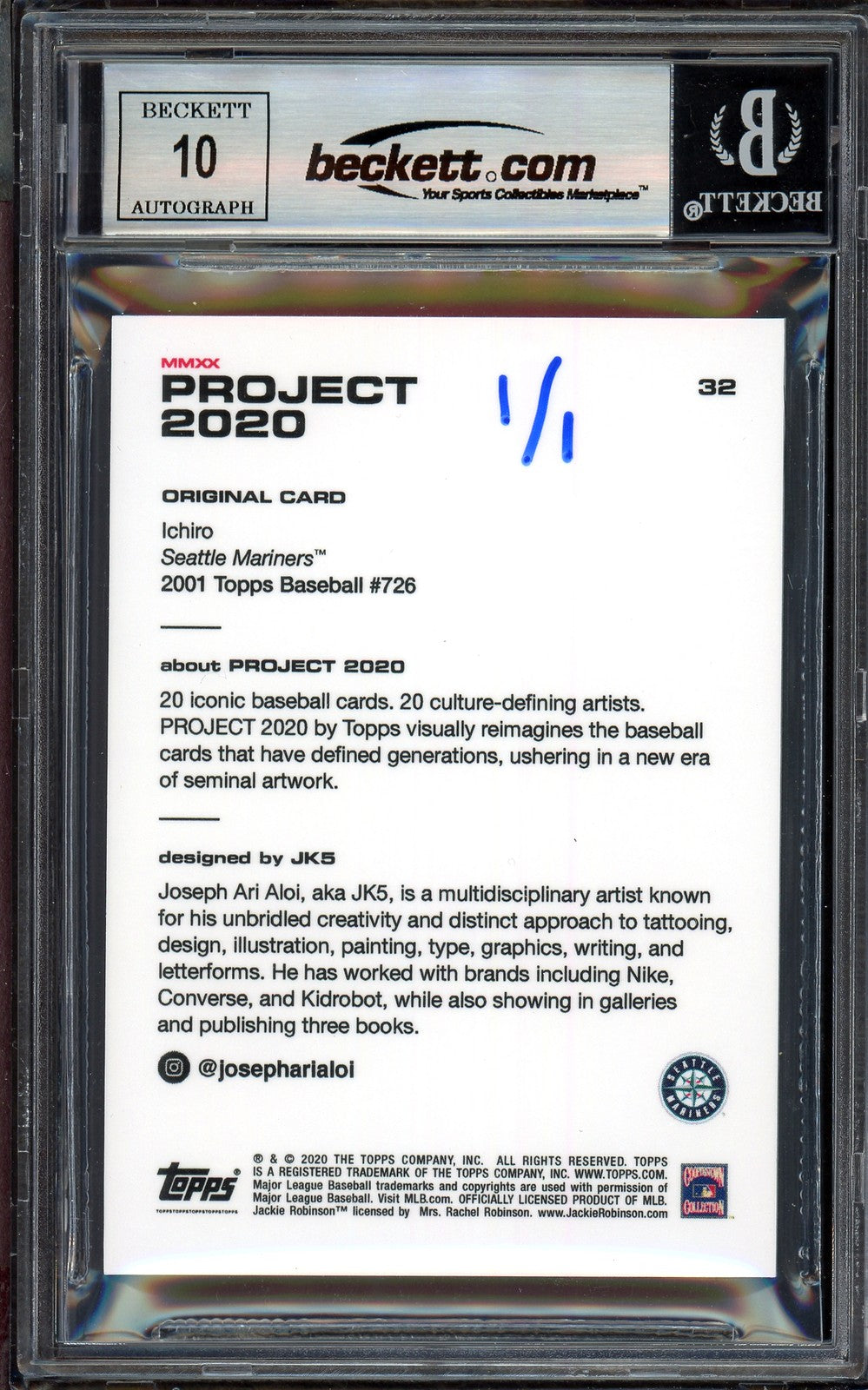 Ichiro Suzuki Signed Topps Project 2020 JK5 Card 32 Sig 10 Blue #1/1 Beckett