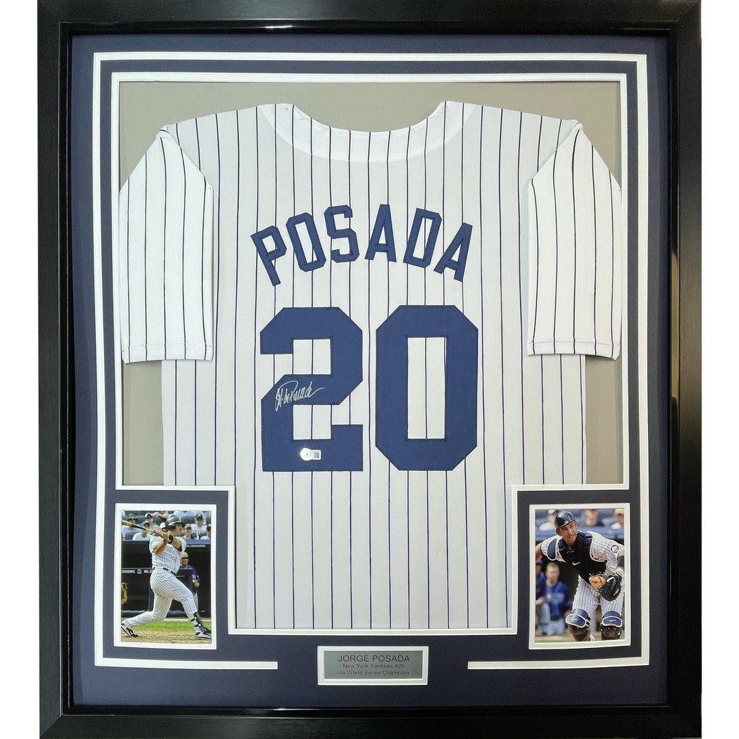 Framed Autographed/Signed Jorge Posada 35x39 New York Pinstripe Jersey COA