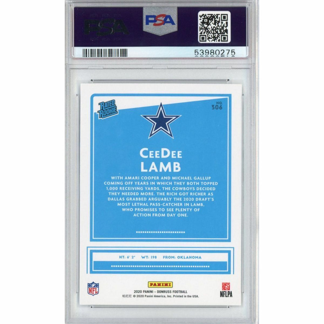 Graded 2020 Panini Donruss CEEDEE LAMB #306 Canvas Rookie Football Card PSA 10