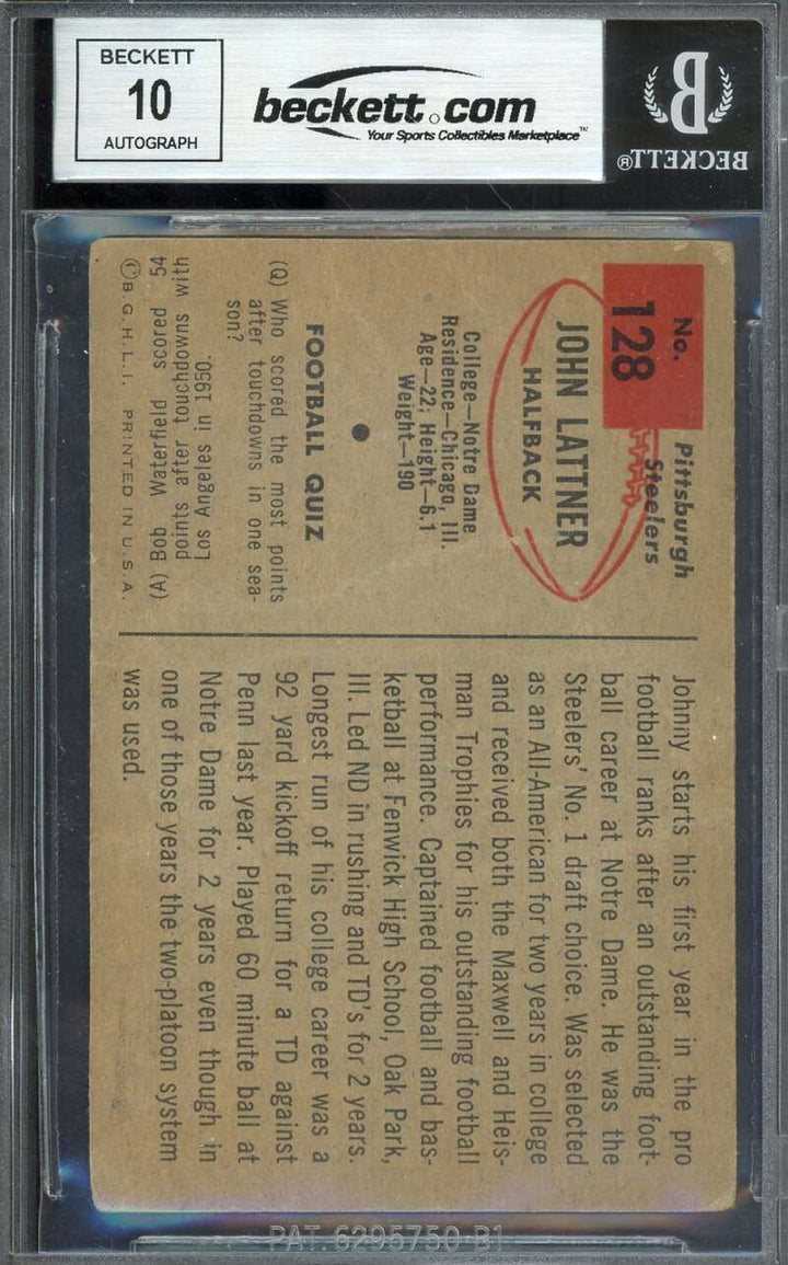 Johnny Lattner Gem Mint 10 Beckett BAS Signed 1954 Bowman Rookie Autograph