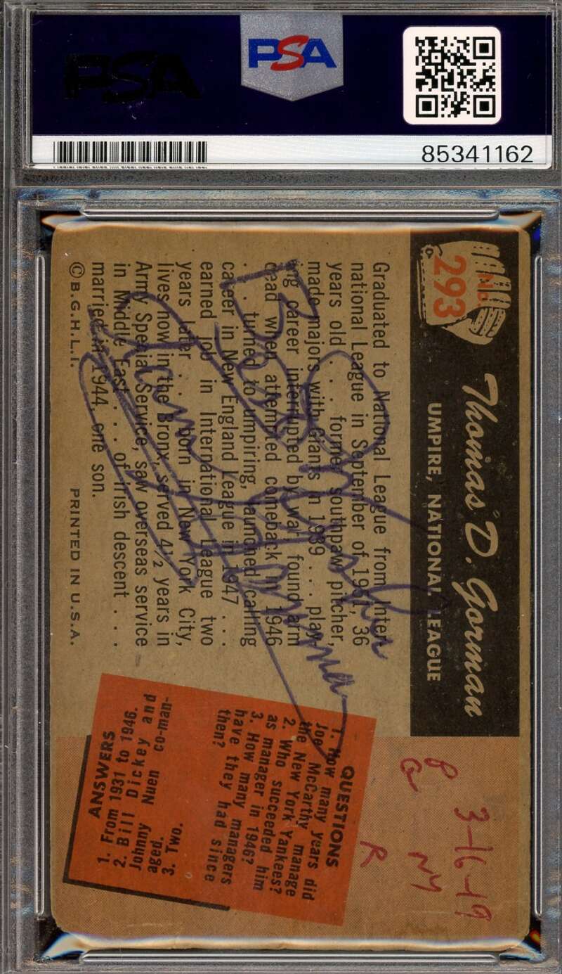 Tom Gorman PSA DNA Signed Twice 1955 Bowman Autograph