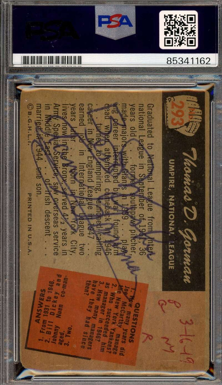 Tom Gorman PSA DNA Signed Twice 1955 Bowman Autograph