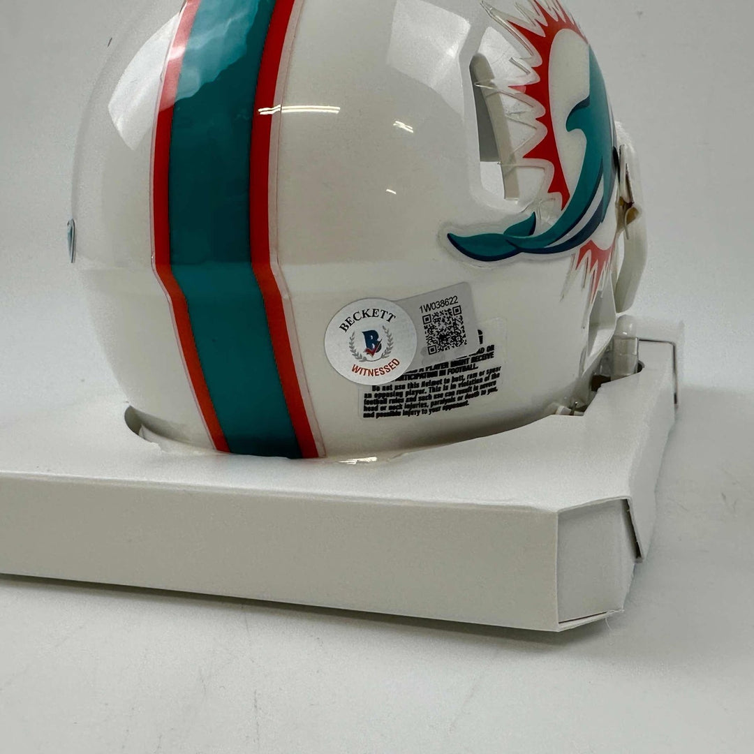 Autographed/Signed Raheem Mostert Dolphins Mini Helmet Beckett BAS COA