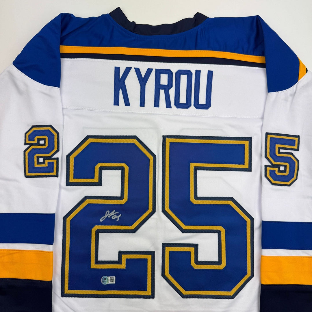 Autographed/Signed Jordan Kyrou St. Louis White Hockey Jersey Beckett BAS COA
