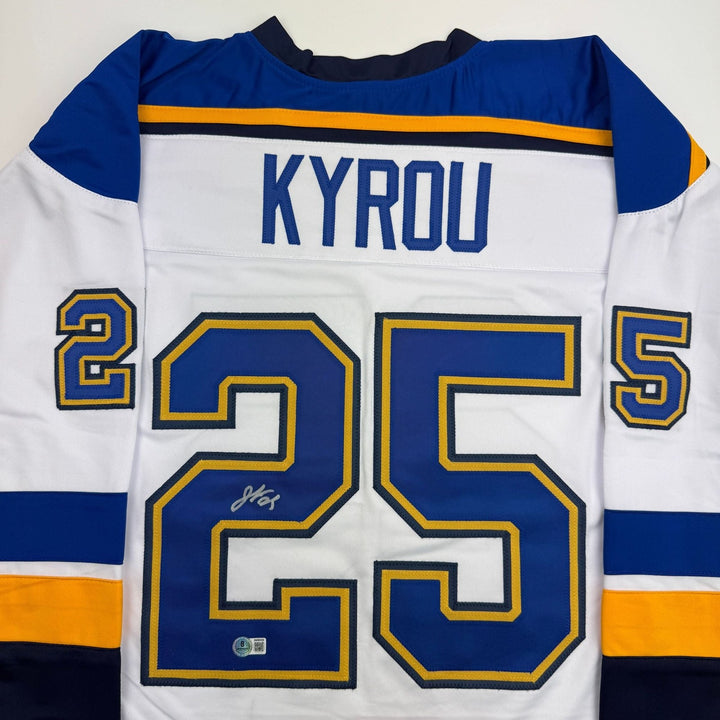 Autographed/Signed Jordan Kyrou St. Louis White Hockey Jersey Beckett BAS COA