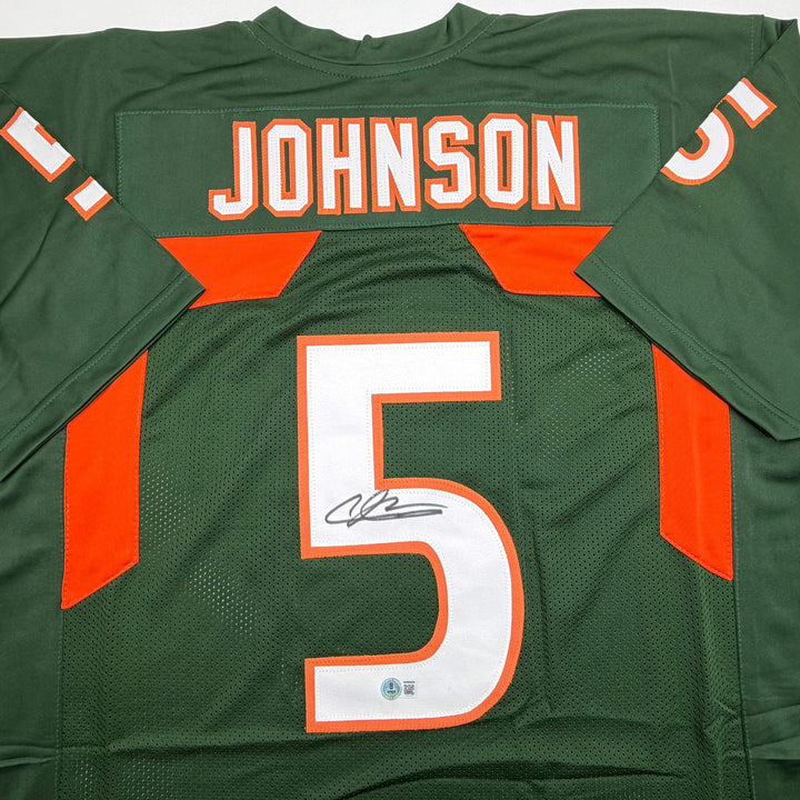 Autographed/Signed Andre Johnson Miami Green College Football Jersey Beckett BAS