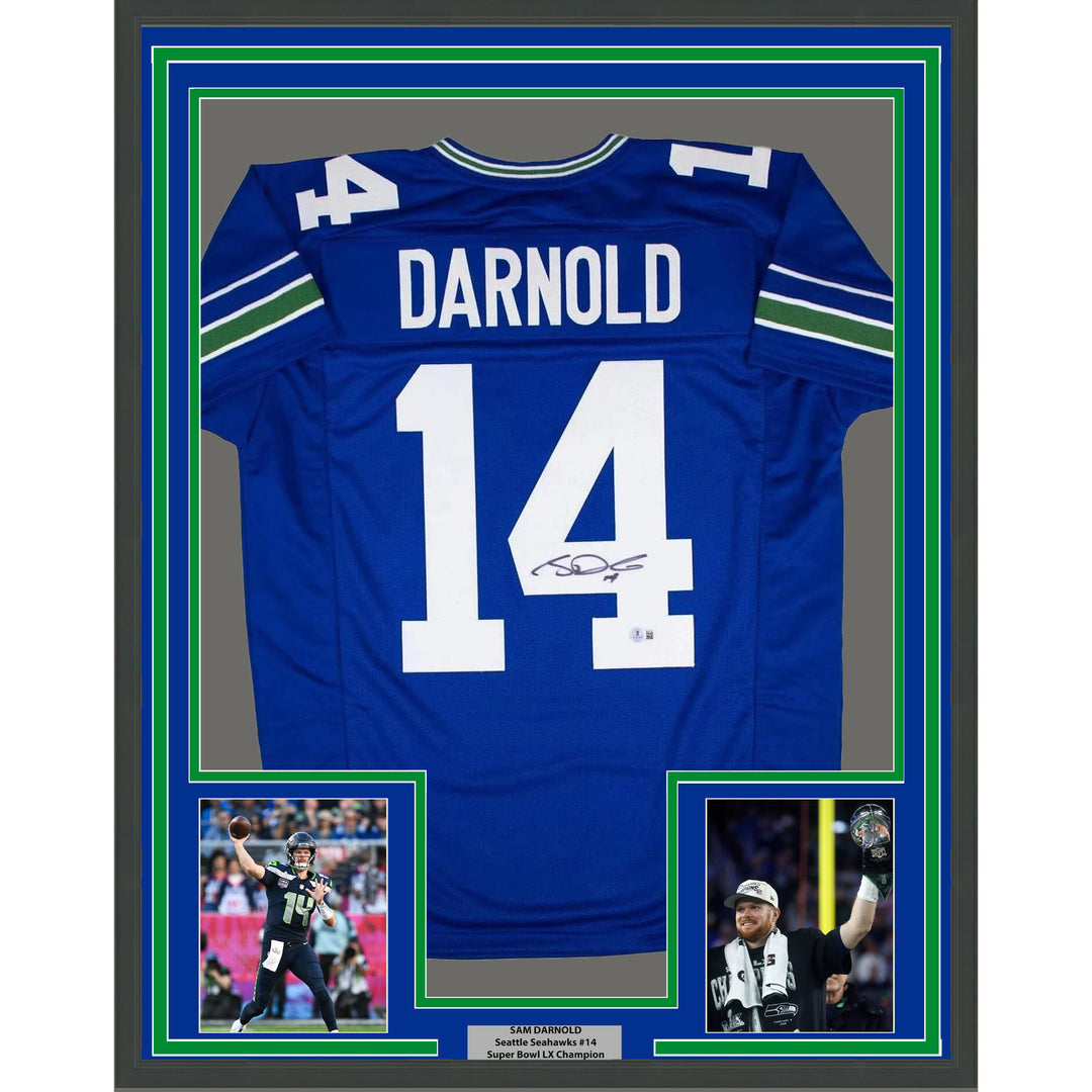 Framed Autographed/Signed Sam Darnold 35x39 Seattle Blue Jersey Beckett BAS COA