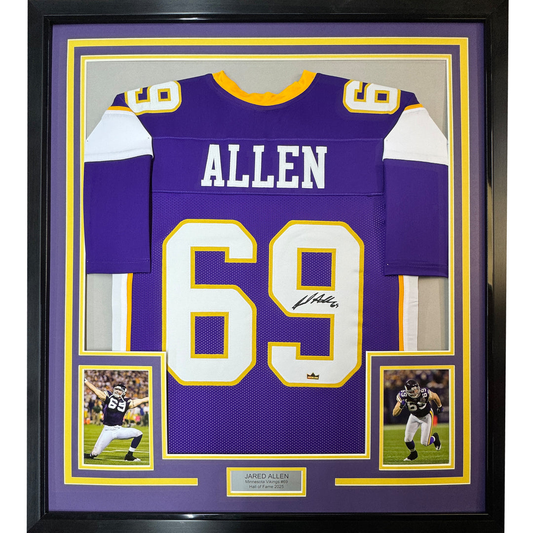 Framed Facsimile Autographed Jared Allen 35x39 Purple Reprint Laser Auto Jersey