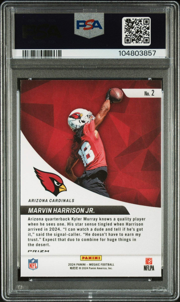 Graded 2024 Mosaic Marvin Harrison Jr #2 Elevate Green RC Football Card PSA 10