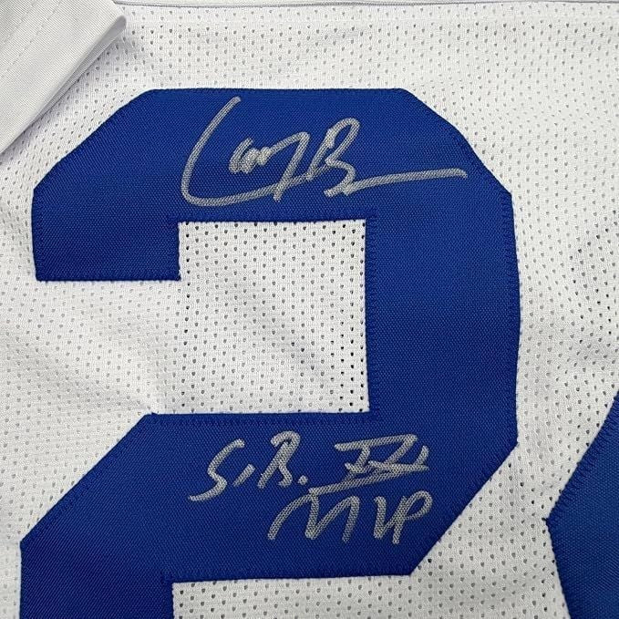 Framed Autographed Larry Brown 35x39 SB MVP Dallas White Football Jersey JSA COA