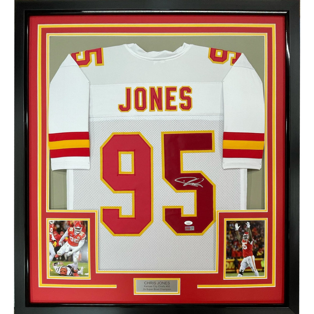 Framed Signed Chris Jones 35x39 Kansas City White Jersey JSA COA