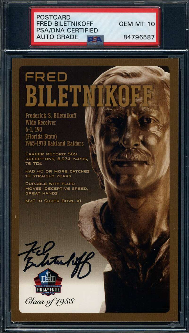 Fred Biletnikoff Gem Mint 10 PSA DNA Signed HOF Bronze Bust Postcard Autograph