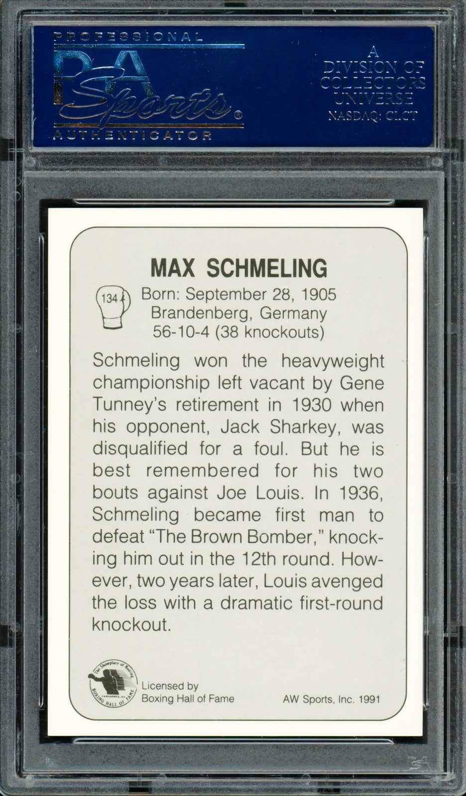 Max Schmeling Autographed Signed 1991 AW Sports Card #134 PSA/DNA #83314040