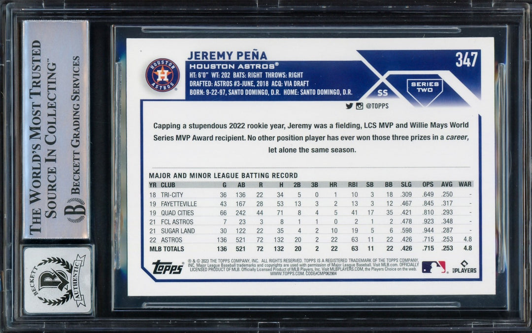 Jeremy Pena Signed 2023 Topps Card 347 Houston Astros Auto GM 10 Beckett
