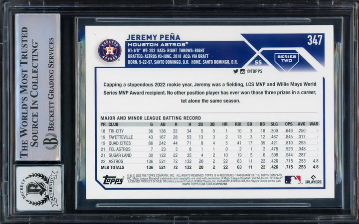 Jeremy Pena Signed 2023 Topps Card 347 Houston Astros Auto GM 10 Beckett