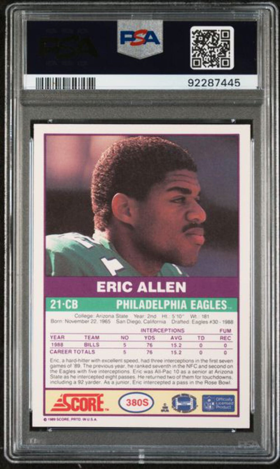 Graded 1989 Score Supplemental Eric Allen #380S Rookie RC Card PSA 9 Mint