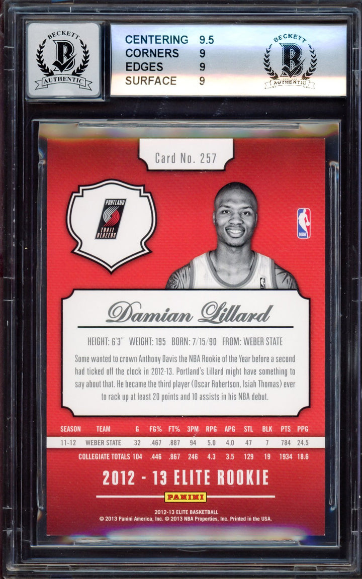 Damian Lillard Signed 2012-13 Panini Elite RC 257 BGS 9 Sig 10 #93/599 Beckett