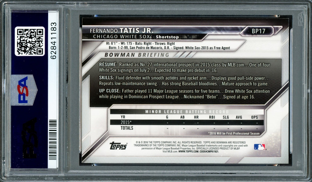 Fernando Tatis Jr Auto 2016 Bowman Prospects Yellow RC BP17 PSA 9 Sig 10 PSA/DNA