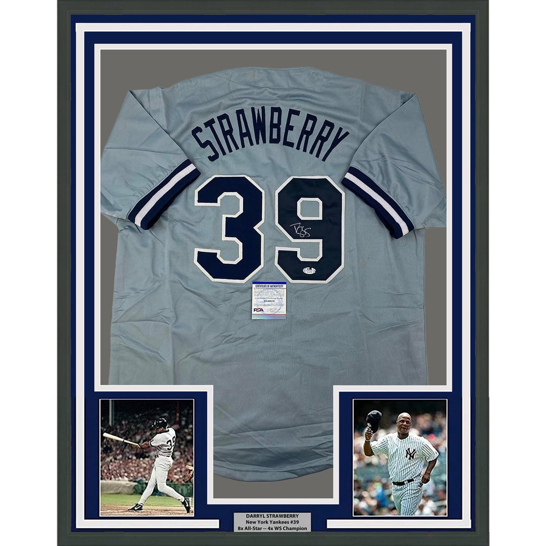 Framed Signed Darryl Strawberry 35x39 New York Grey Jersey PSA COA