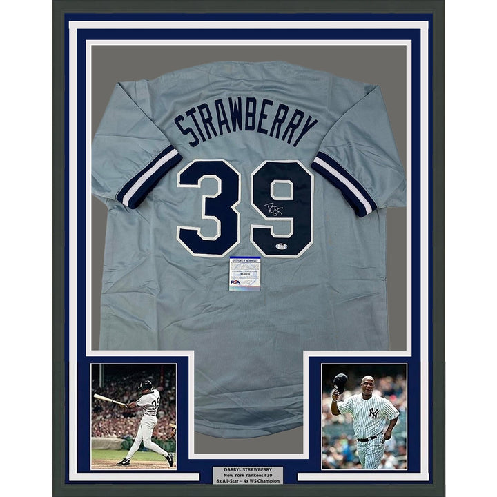 Framed Signed Darryl Strawberry 35x39 New York Grey Jersey PSA COA