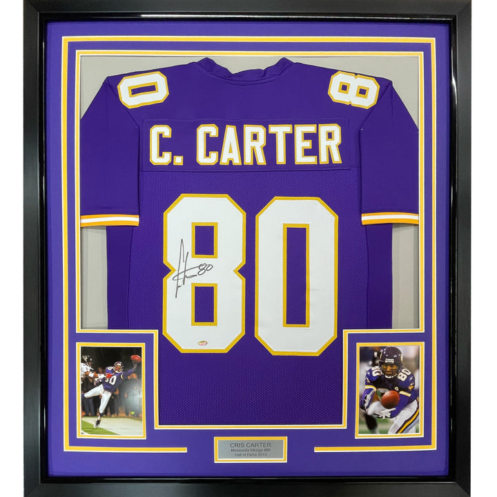 FRAMED Autographed/Signed CRIS CARTER 33x42 Minnesota Purple Jersey JSA COA Auto