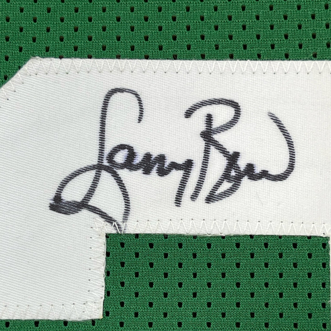 Framed Autographed/Signed Larry Bird 35x39 Boston Green Jersey PSA/DNA COA