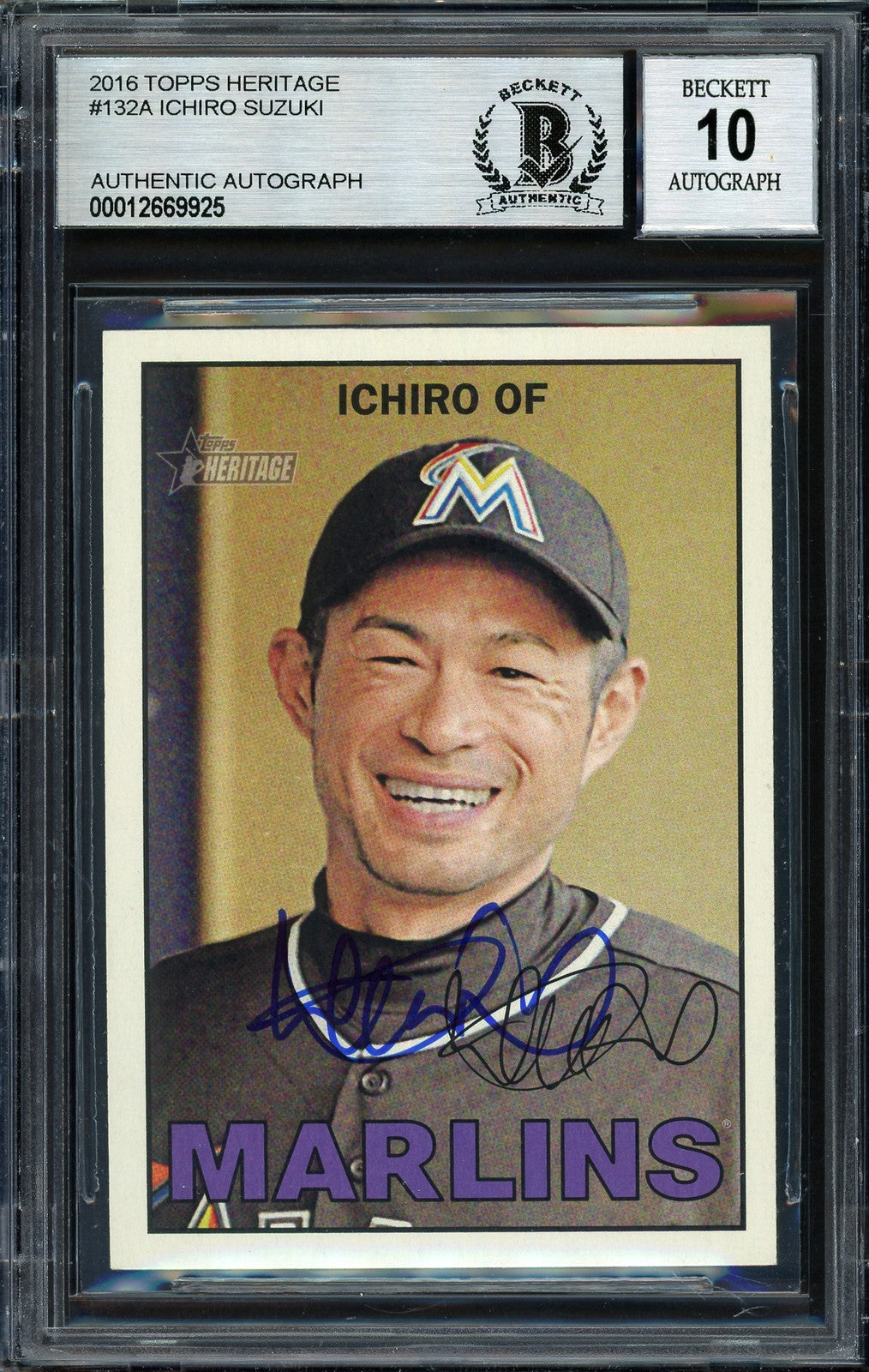 Ichiro Suzuki Signed 2016 Topps Heritage Card 132 Miami Marlins Auto 10 Beckett