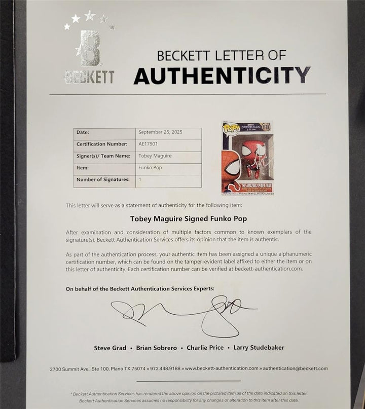 Tobey Maguire signed Amazing Spider-Man Funko Pop 1159 silver auto ~ Beckett BAS