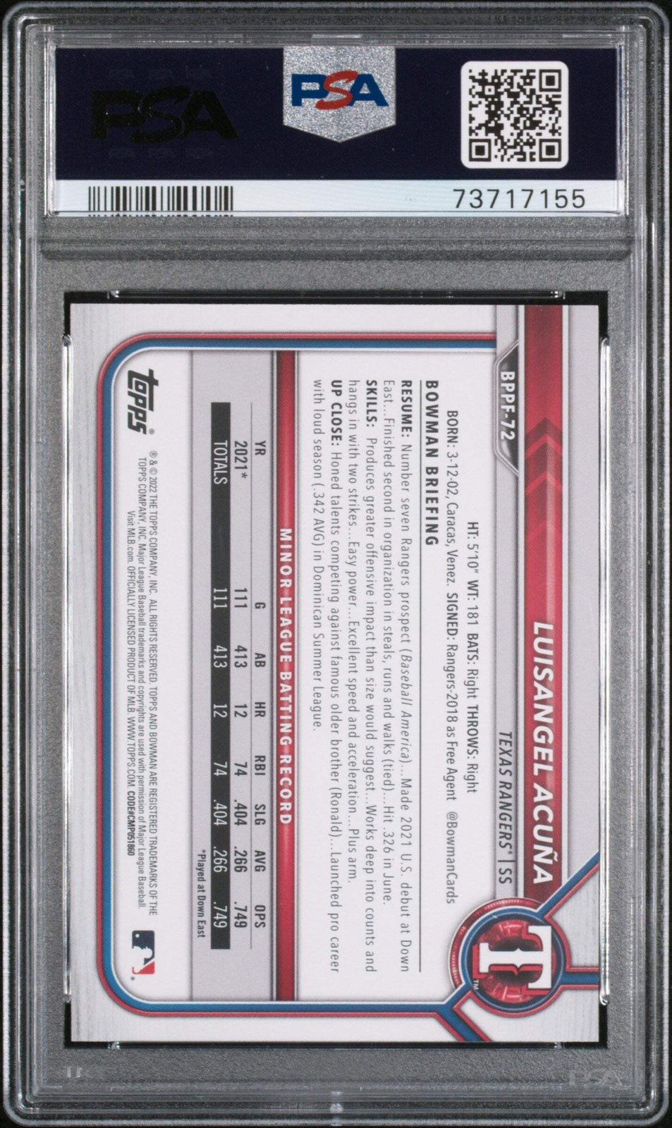 Graded 2022 Bowman 1st ED Luisangel Acuna #BPPF72 Sky Blue Baseball Card PSA 10