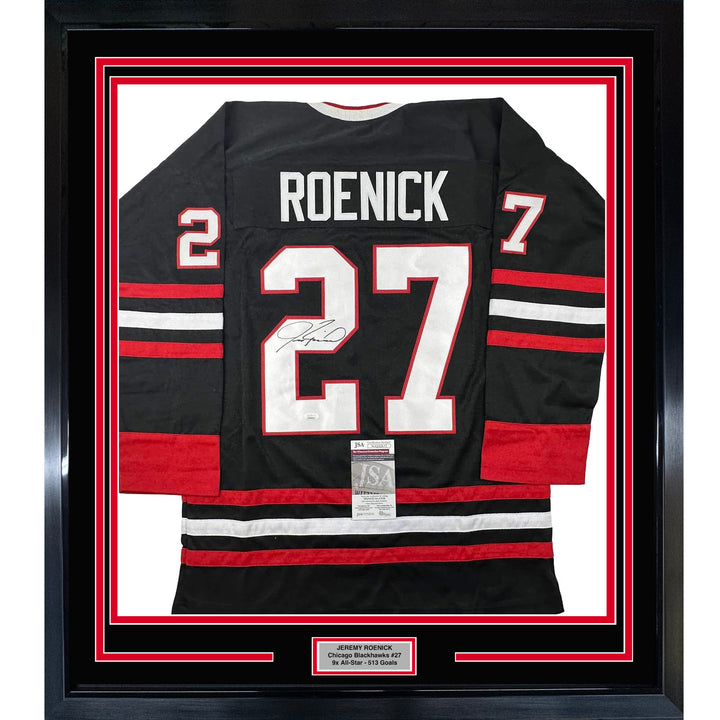 Framed Autographed/Signed Jeremy Roenick 33x42 Chicago Black Jersey JSA COA