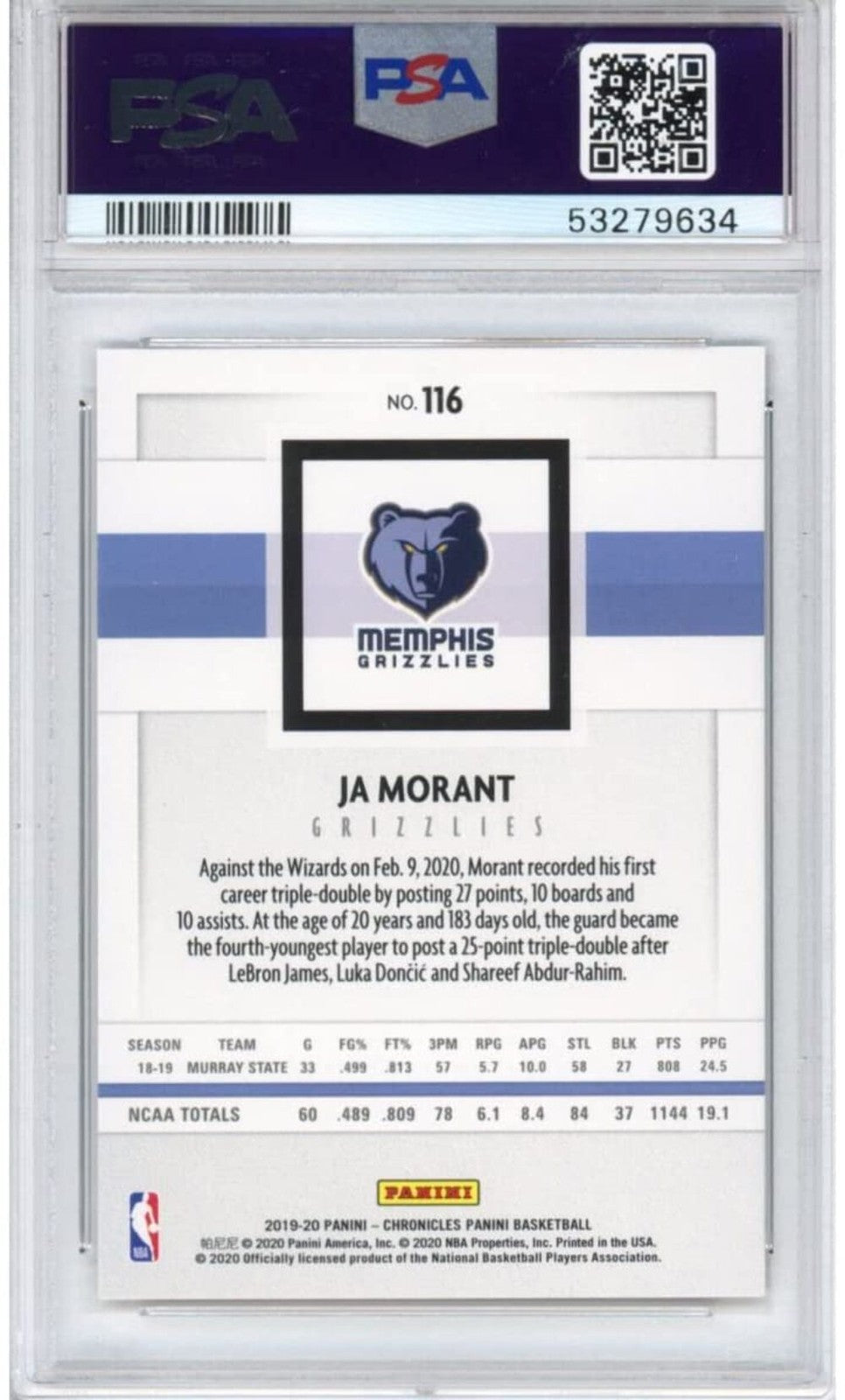 Graded 2019-20 Panini Chronicles JA MORANT #116 Young Dolph Rookie Card PSA 10